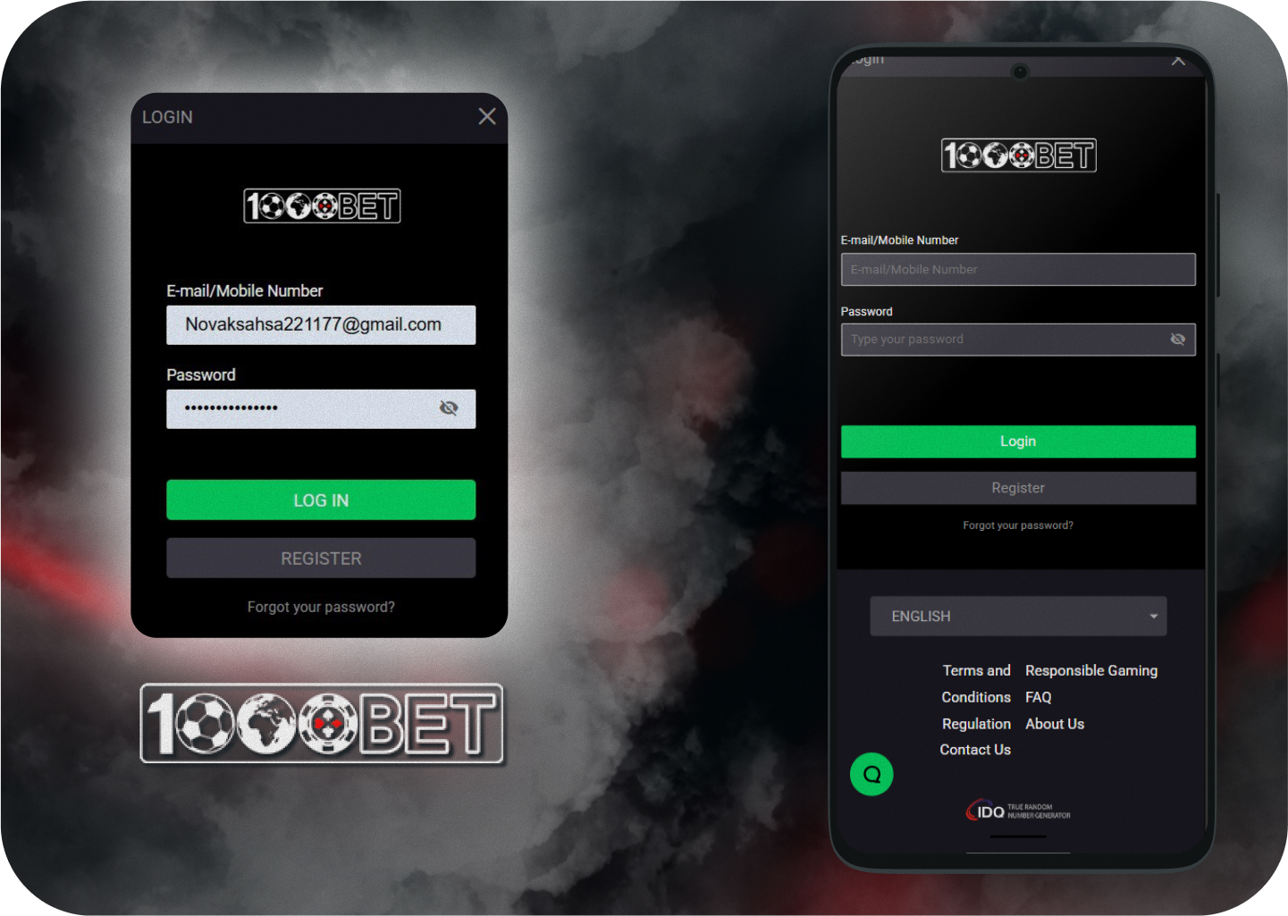 1000bet login screen with email and password fields, login button, and registration option